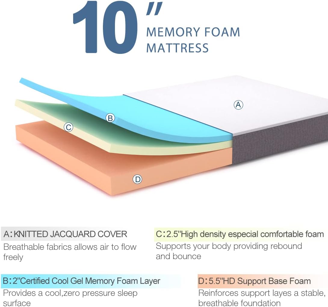 Twin Size Mattress,10 inch Gel Memory Foam Mattress with CertiPUR-US Certified Foam Mattress Premium Support